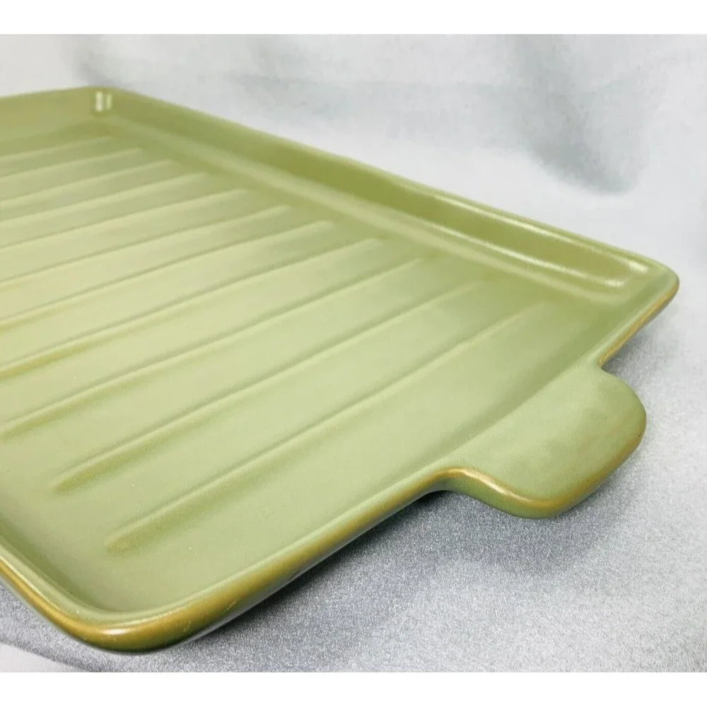 Longaberger Flameware SAGE Grill Pan Pottery Server Cookware 18" x 10" Green - Picture 11 of 14